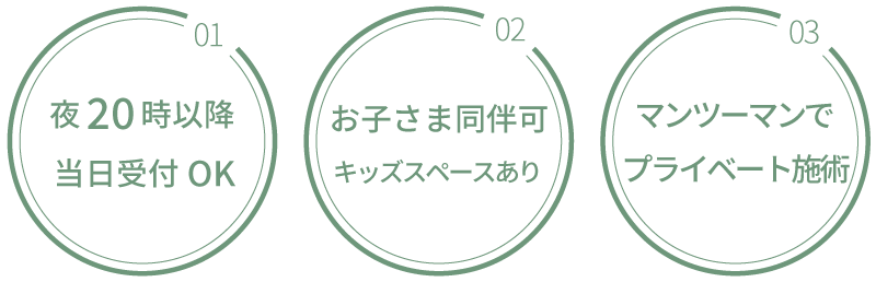 夜20時以,当日受付OK。お子さま同伴可／キッズスペースあり。マンツーマンでプライベート施術